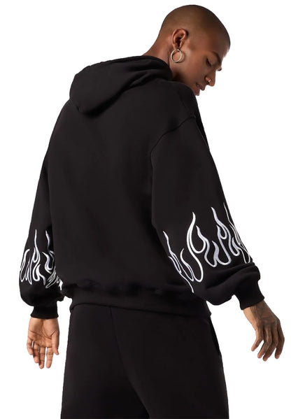 Hoodie with White Embroidered Flames
