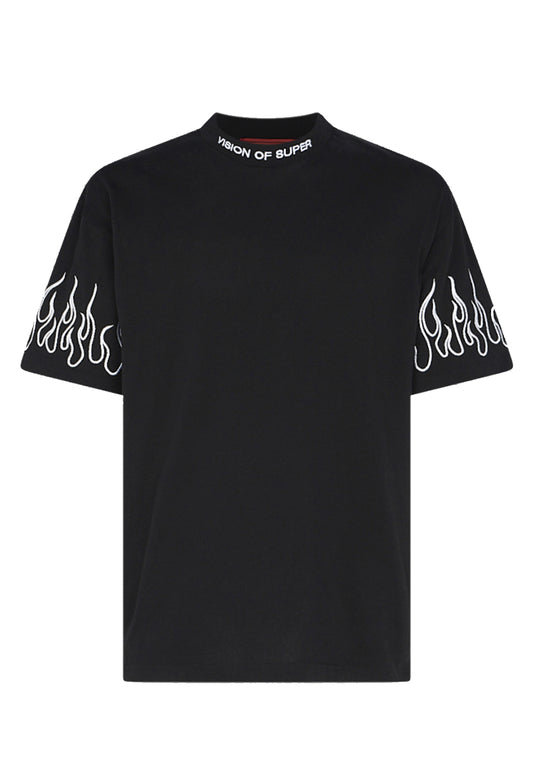 T-shirt with White Embroidered Flames